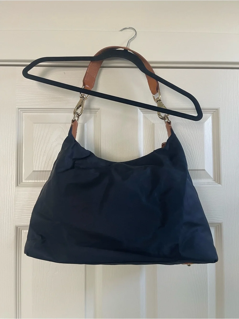 Dooney & Bourke Navy Blue Nylon Hobo Shoulder Bag W/ Brown Leather Trim Tassel